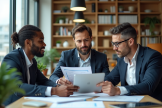 Groupe de trois professionnels en réunion dans un bureau moderne