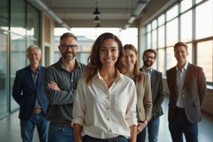 Groupe de professionnels dans un espace de travail lumineux