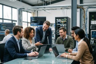 Groupe de professionnels IT collaborant dans un bureau moderne