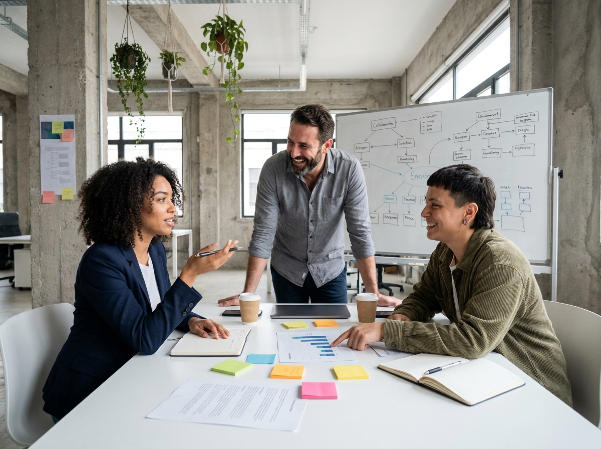 Équipe de trois professionnels en réunion de travail collaboratif autour d'une table de bureau