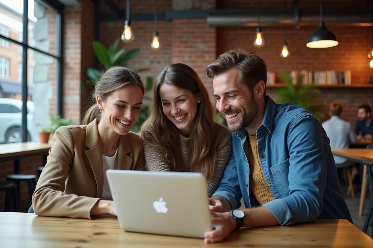 Équipe de recrutement collaborant autour d'un ordinateur portable dans un espace de coworking moderne