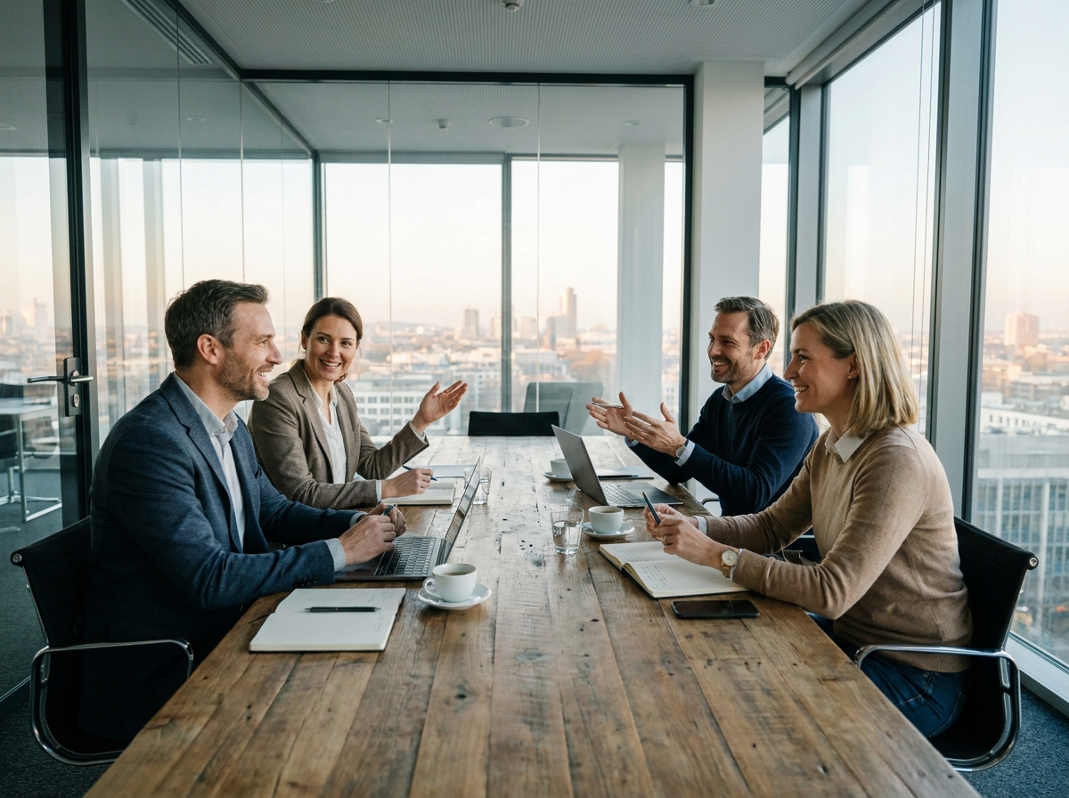 Équipe de professionnels en réunion collaborative autour d'une table de conférence avec vue sur la ville