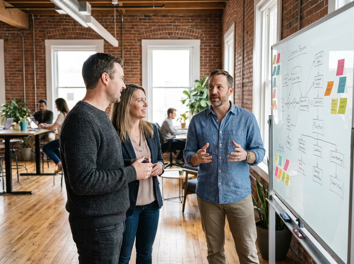 Équipe professionnelle en réunion collaborative devant un tableau blanc dans un espace de coworking contemporain