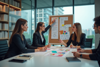 Trois professionnels en réunion autour d'un plan marketing