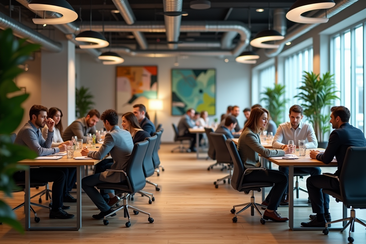 Quatre équipes en discussion dans un espace de travail ouvert