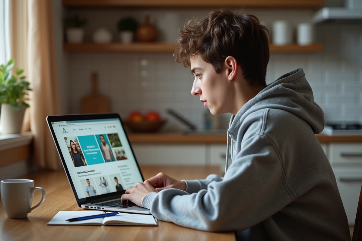 Étudiant en alternance consultant le site Urssaf sur son ordinateur portable pour vérifier les cotisations de son employeur