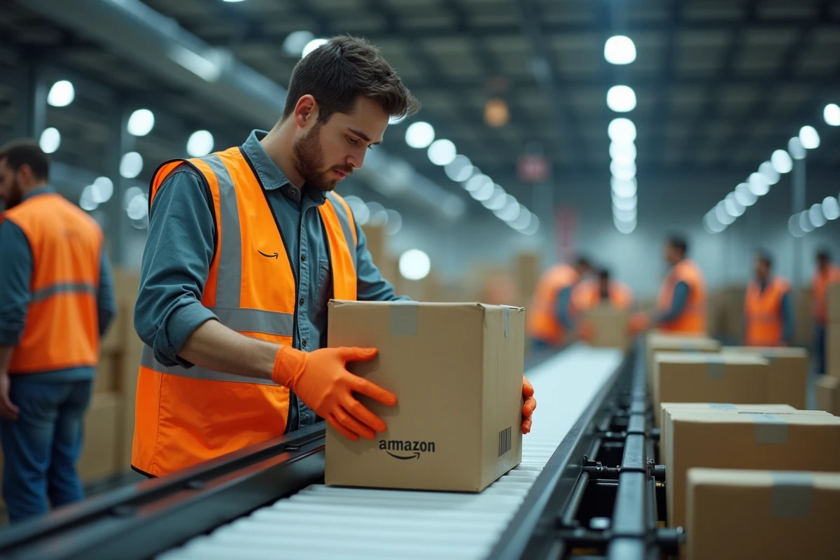 Étudiant en job étudiant Amazon plaçant des colis sur un tapis roulant dans un centre logistique