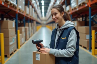 Jeune étudiante travaillant dans un entrepôt Amazon en week-end, scannant des colis avec un lecteur code-barres