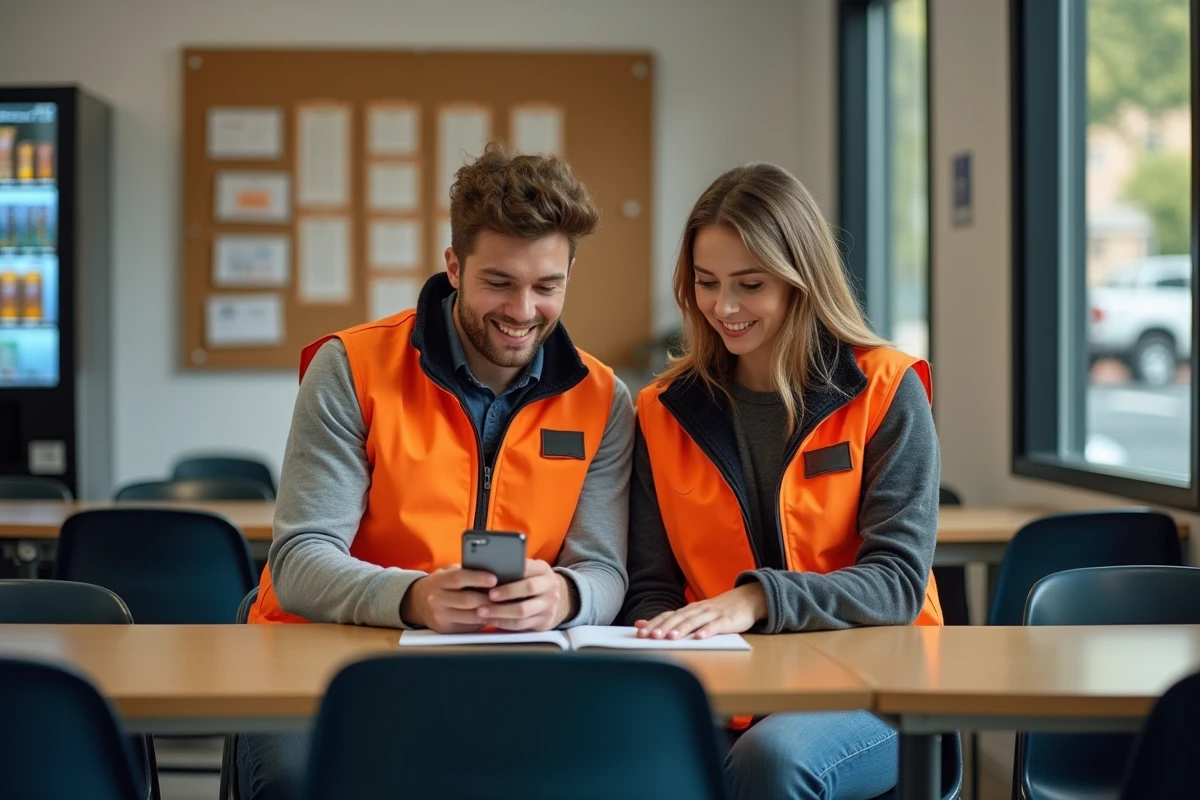 Deux étudiants en pause dans la salle de repos d'un entrepôt Amazon, consultant leur planning de week-end