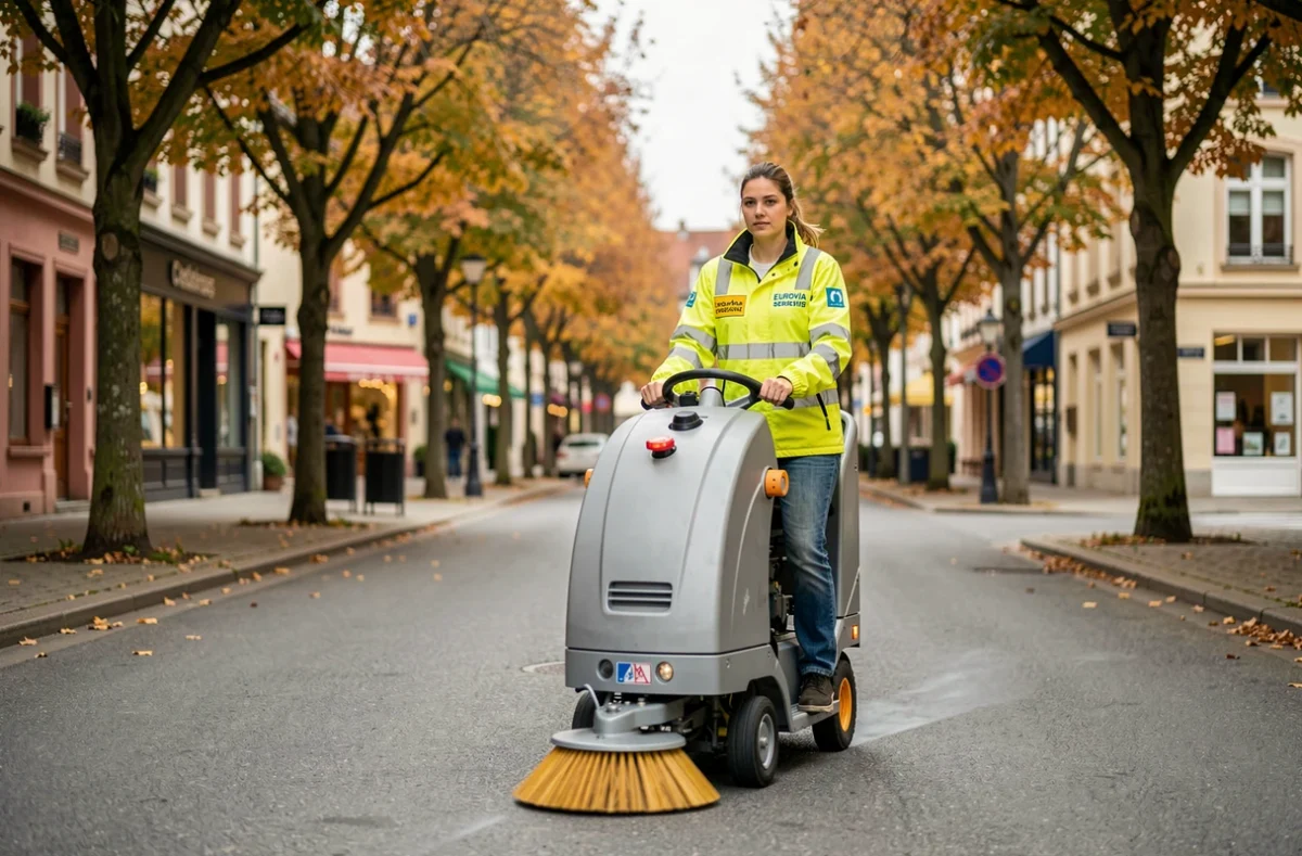 Opératrice Eurovia Propreté Services conduisant une balayeuse de voirie dans une rue d'une ville alsacienne