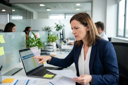Femme cadre évaluant des propositions d'entreprises de cybersécurité sur son ordinateur portable dans un bureau moderne