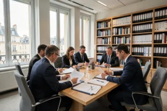 Vue d'ensemble d'un bureau comptable professionnel à Nancy avec des experts-comptables en réunion autour d'une table de conférence