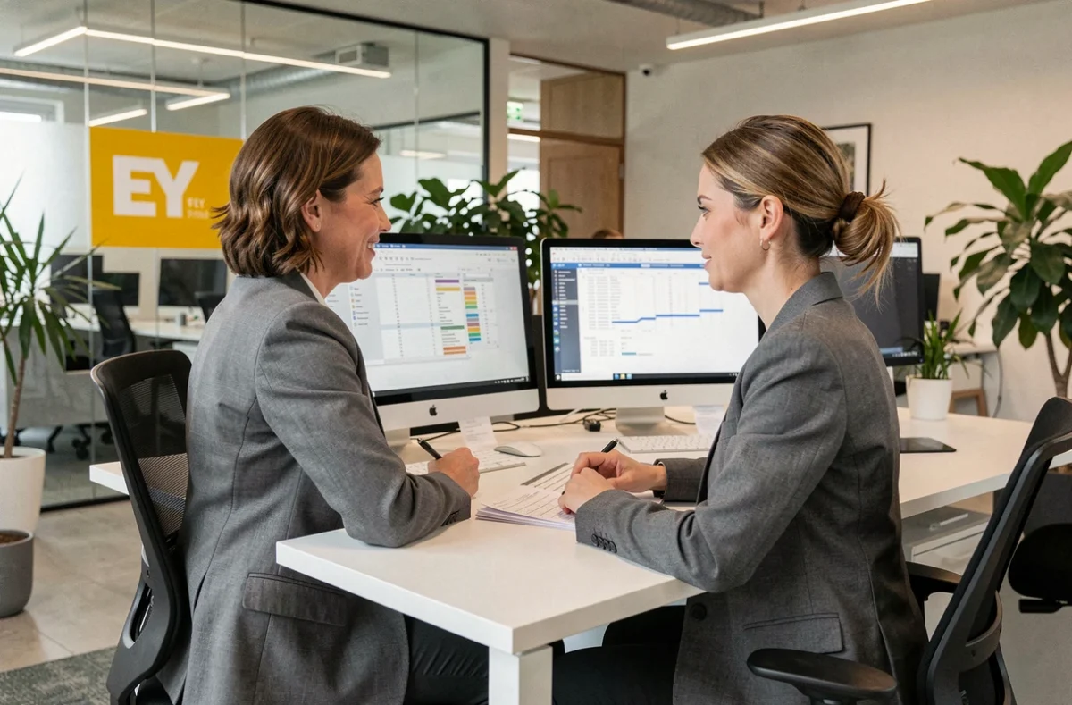 Professionnelle en comptabilité travaillant sur des analyses financières dans les bureaux d'EY & Associés à Nancy