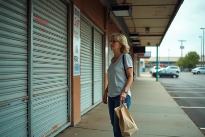 Femme d'âge moyen devant un magasin fermé en printemps