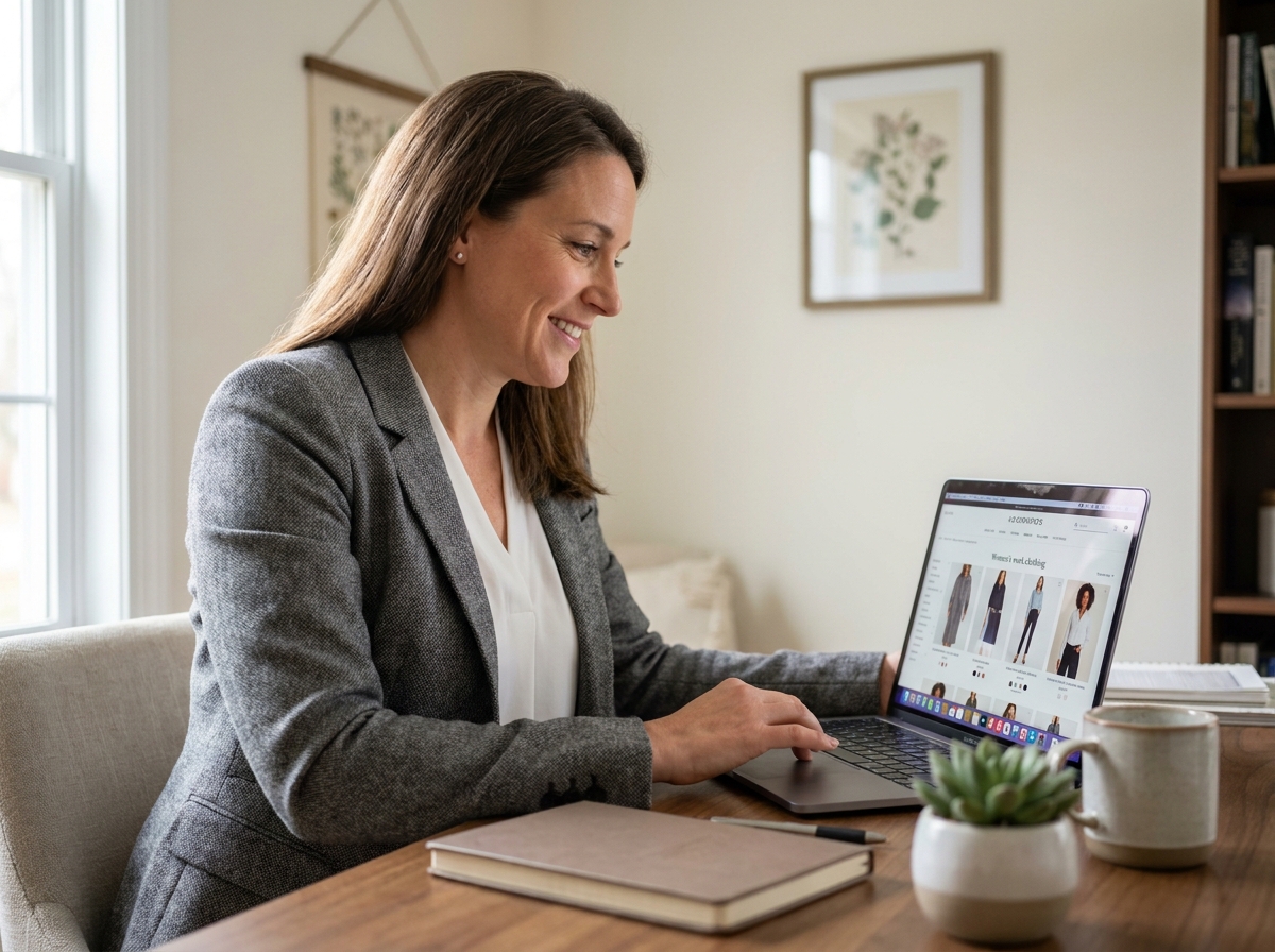 Femme professionnelle recherchant des vêtements de travail sur un site e-commerce depuis son bureau à domicile