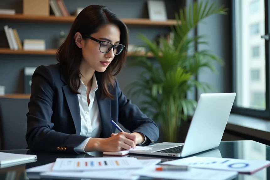Femme d'affaires concentrée au bureau avec documents et graphiques