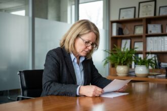 Femme d affaires concentrée lors d une réunion en bureau moderne