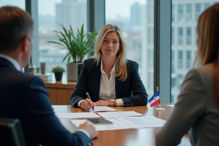 Femme d affaires en réunion avec documents bilingues