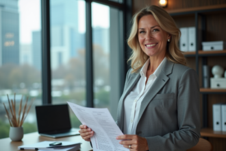 Femme d'affaires en costume gris vérifiant une checklist