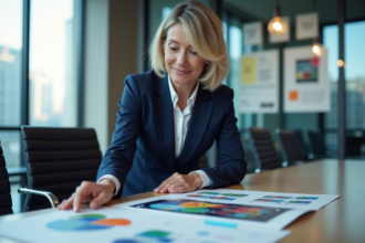 Femme d'affaires en costume navy examine une maquette publicitaire