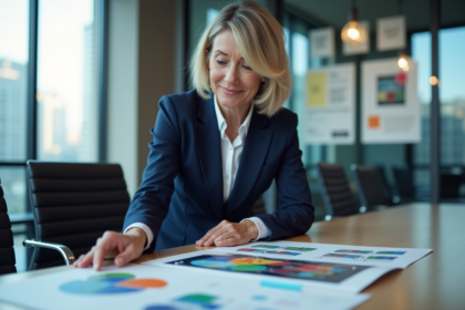 Femme d'affaires en costume navy examine une maquette publicitaire