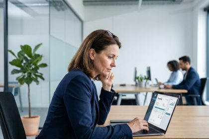 Femme d'affaires consultant une interface de facturation dématérialisée sur son ordinateur portable dans un bureau moderne