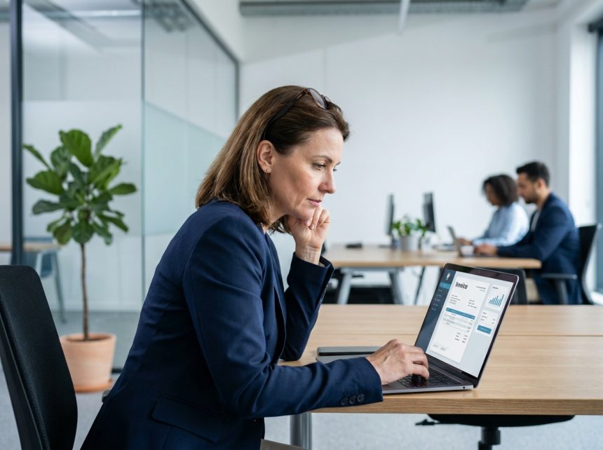 Femme d'affaires consultant une interface de facturation dématérialisée sur son ordinateur portable dans un bureau moderne