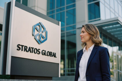 Femme d affaires en blazer navy devant un bâtiment moderne
