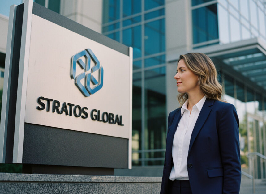 Femme d affaires en blazer navy devant un bâtiment moderne