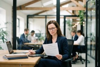 Femme d affaires en tailleur navy dans un bureau moderne
