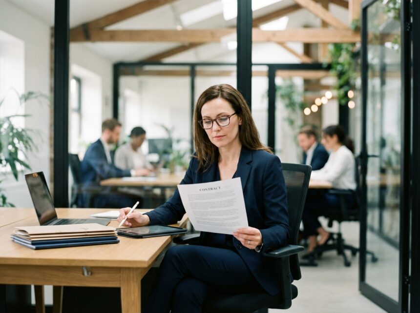 Femme d affaires en tailleur navy dans un bureau moderne