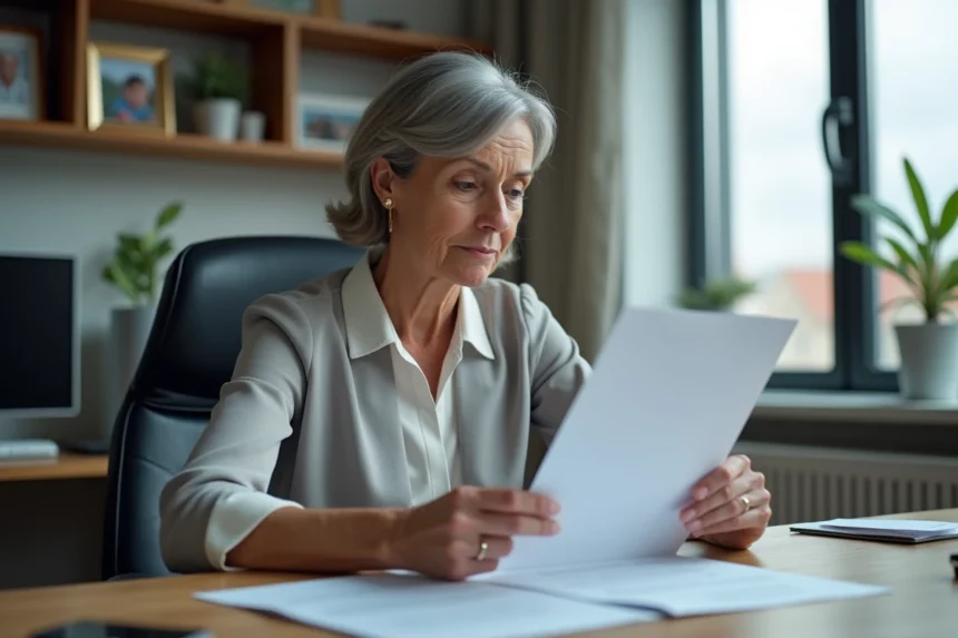 Femme d'affaires assise à son bureau en train de lire un document