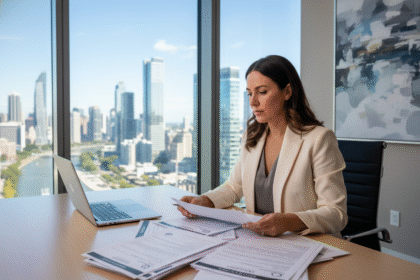 Femme d'affaires en bureau moderne avec documents d'assurance