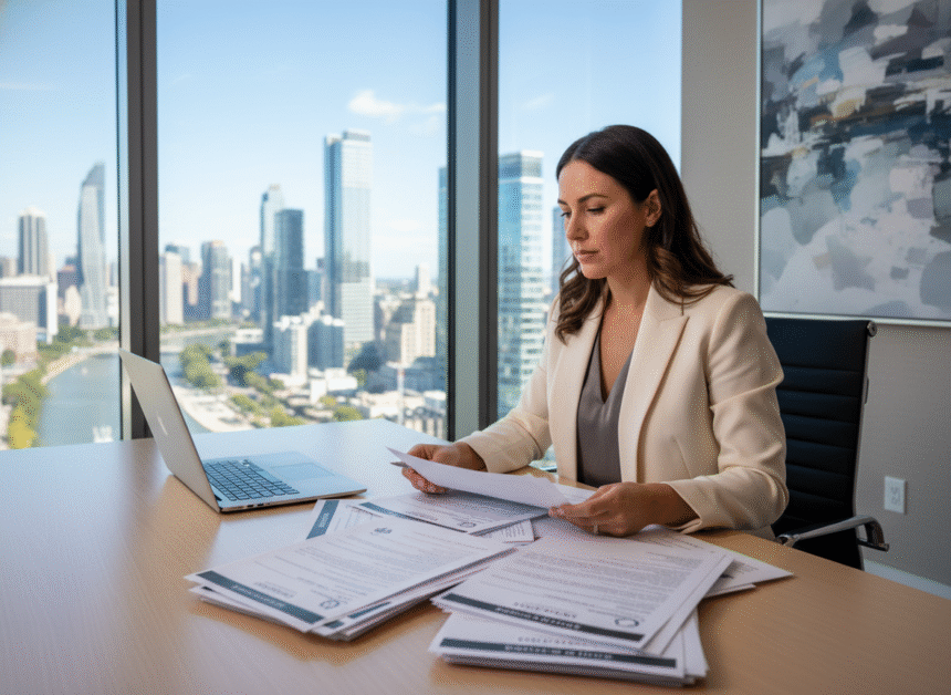 Femme d'affaires en bureau moderne avec documents d'assurance