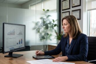 Femme d'affaires en réunion analysant des graphiques