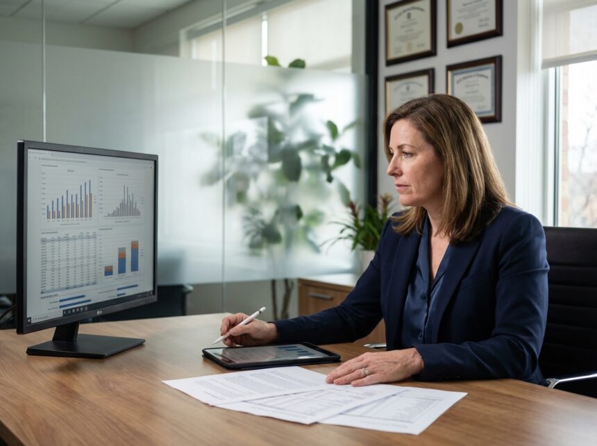 Femme d'affaires en réunion analysant des graphiques
