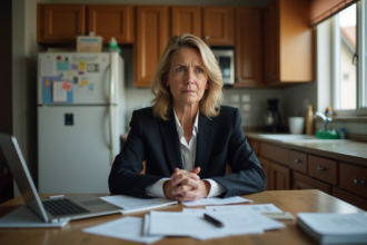 Femme d'affaires pensive dans une cuisine à la maison