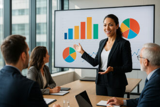 Femme d'affaires confiante donnant une présentation dans une salle moderne