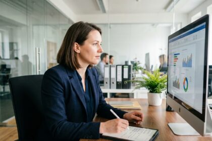 Femme d'affaires en tenue navy au bureau moderne