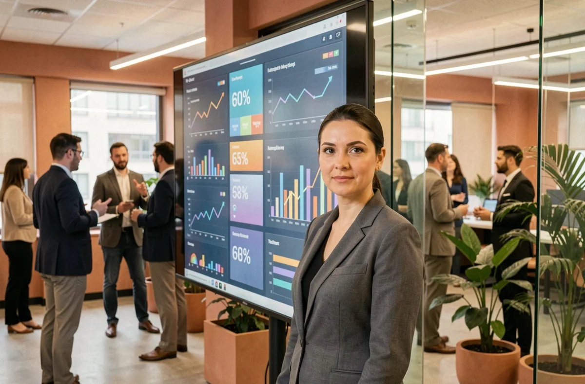 Femme d'affaires présentant les données statistiques du baromètre des entreprises françaises en 2026 dans un espace de coworking