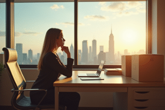 Femme d'affaires regardant la ville depuis un bureau lumineux