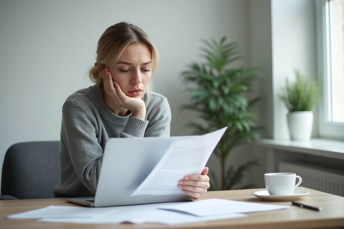 Femme en arrêt maladie consultant des documents liés à une rupture conventionnelle depuis son bureau à domicile