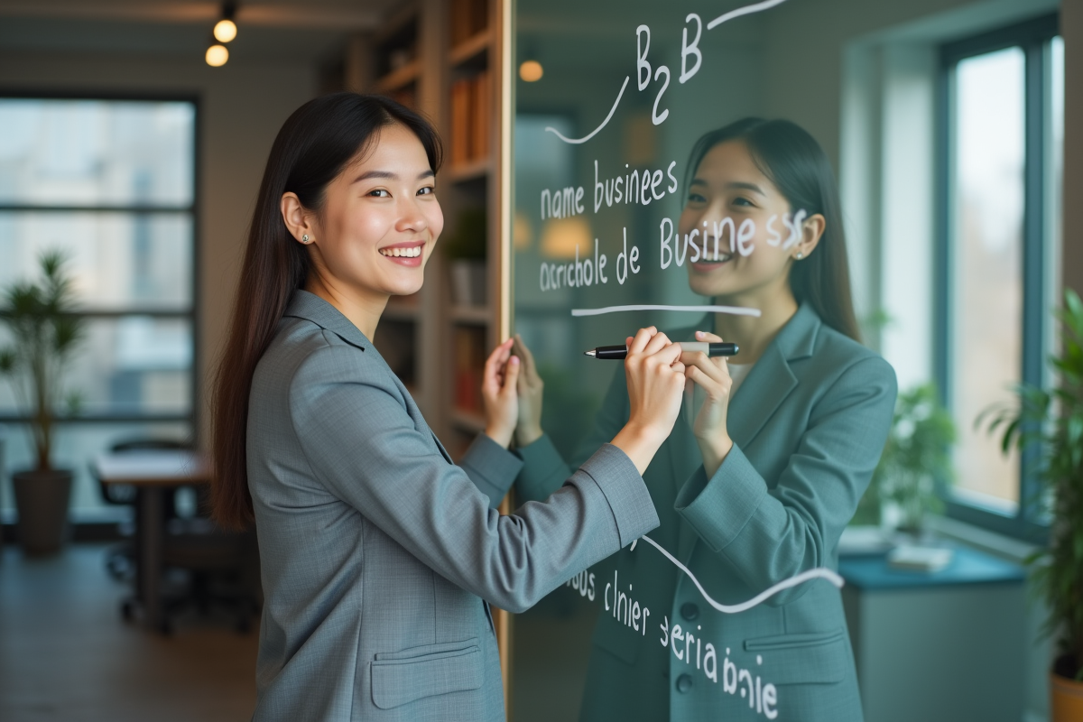 Jeune femme écrivant B2B sur un tableau blanc dans un bureau