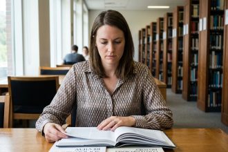 Femme lisant des revues académiques dans une bibliothèque moderne