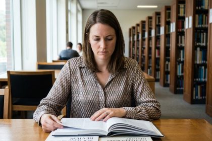 Femme lisant des revues académiques dans une bibliothèque moderne