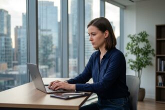 Femme concentrée travaillant sur son ordinateur dans un bureau moderne