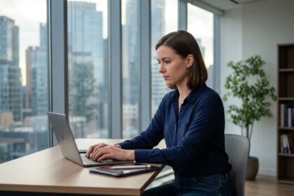 Femme concentrée travaillant sur son ordinateur dans un bureau moderne