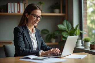 Femme confiante au bureau avec ordinateur et tablette
