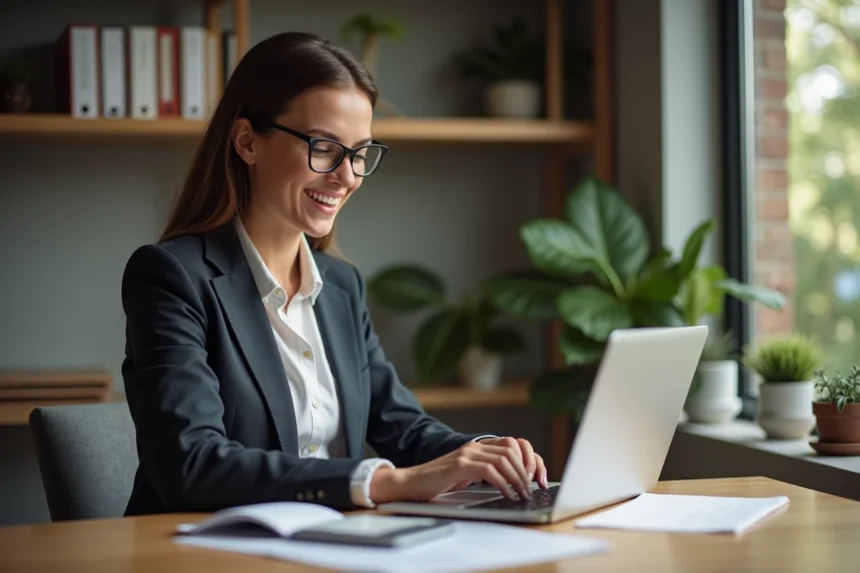 Femme confiante au bureau avec ordinateur et tablette