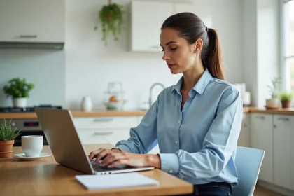 Femme travaillant sur un ordinateur dans une cuisine lumineuse